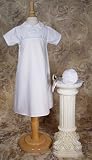 Cotton Bris Gown with Pleats, Blue Trim and Buttons