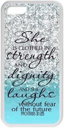 iPhone 5C Protective Case - She is Clothed with Strength &amp; Dignity She Laughs without Fear of the Future Proverbs 31:25 - Bible Verse Blue Sparkles Glitter TPU(Laser Technology) Hardshell Cell Phone Cover Case for New iPhone 5C