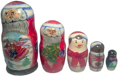 Santa With Children 5 Piece Russian Handcrafted Wooden Nesting Doll
