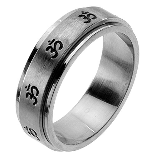 Stainless Steel Spinner Ring with the OM Symbol Engraved in Black Anamel