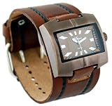 Nemesis #BHST060B Men's Brown IP Square Premium Wide Leather Cuff Band Watch