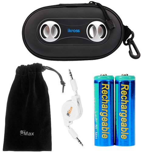 iKross Black Portable Stereo Speaker Protective Case + Black Mesh Case + White 3.5mm Retractable Stereo Audio M/M Cable for Cellphone, Smartphone, iPhone, iPod, MP3 Players w/ 3.5mm audio port (Package include 2Pcs AA Rechargable Battery)