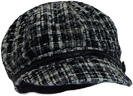 Womens Black, White, Gray Chunky Tweed Newsboy Hat with Front Brim