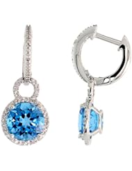 14k White Gold Stone Earrings, w/ Brilliant Cut Diamonds & 8mm Blue Topaz Stone, 1" (25mm) tall