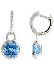 14k White Gold Stone Earrings, w/ Brilliant Cut Diamonds & 8mm Blue Topaz Stone, 1" (25mm) tall