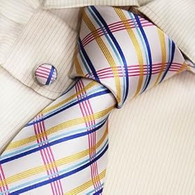 S2151 NEW Designer Hand Made White Checkers Plaids Neck Tie Cufflinks Gold Ties for Men Jacquard Woven Pure Silk Mens Neck Tie and Cuff Links Gift Set