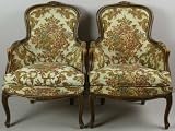 Vintage French Country Louis XV Walnut Pair Arm Chairs