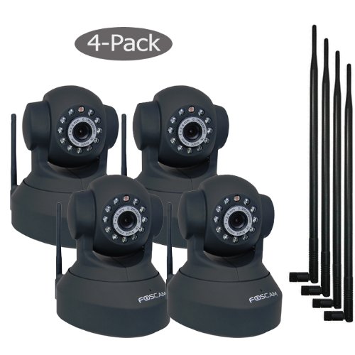 Foscam New Version FI8918W Pan & Tilt Wireless IP Camera + Bonus 9dbi Antennas - Infrared Night Vision, 2 Way Audio, Motion Detection Email Alert, Windows and Mac Compatiable, Black, 4 Pack kit