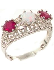 Solid 9K White Gold Genuine Natural Ruby & Opal English Filigree Trilogy Band Ring - Finger Sizes 4 to 12 Available
