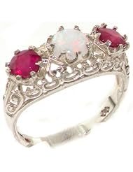 Solid 925 Sterling Silver Genuine Natural Ruby & Opal English Filigree Trilogy Ring - Finger Sizes 4 to 12 Available