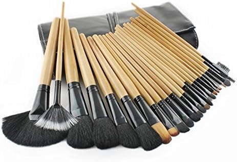 Fashion Century Lady - 24 Pcs Professional Cosmetics Makeup Brushes Set Kits Wooden Handle with Black Synthetic Leather Bag Pouch