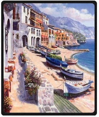 Creative Fashion Warm Cozy Soft Fleece Blanket 50" x 60" Inch, Watercolor Painting Rich Retro color Spain Calella boats town Blanket Bed/Sofa Throw Fleece Blanket