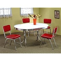 5pcs Retro Chrome Plated Oval Dining Table & 4 Red Chairs Set