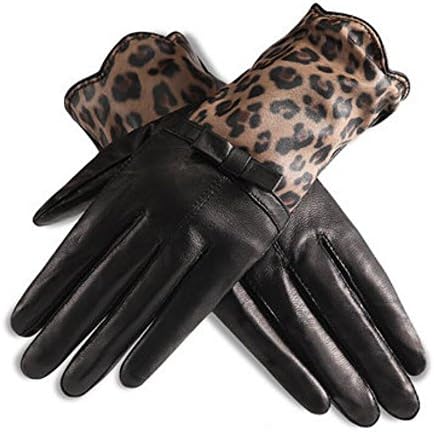 Speaking Life Fashion Women's Leopard-print Lambskin Leather Gloves with Plush Lining Decorated with Bowknot Keep Warm in Winter (black)