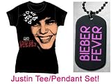 JUSTIN BIEBER SHIRTS - JUSTIN T-SHIRTS - I LOVE JUSTIN SET - ALLOVER JUSTIN SMILE AND DOGTAG PENDANT NECKLACE SPECIAL - EXCLUSIVE OFFER!