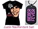JUSTIN BIEBER SHIRTS - JUSTIN T-SHIRTS - I LOVE JUSTIN SET - ALLOVER JUSTIN SMILE AND DOGTAG PENDANT NECKLACE SPECIAL - EXCLUSIVE OFFER!