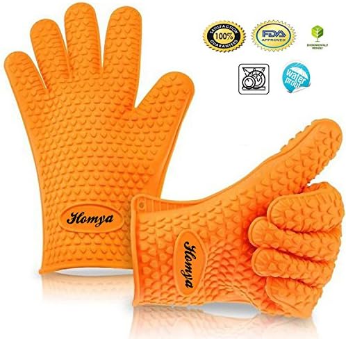Homya® Kitchen Heat Resistant Thicken Silicone Grilling BBQ Gloves Cooking Oven Mitts 5 Fingered Insulated Non-Slip Waterproof for Potholder Protective Oven, Grill, Baking, Smoking, Cooking Outdoor Barbecue Grilling One Size Fits Most (1 Pair)