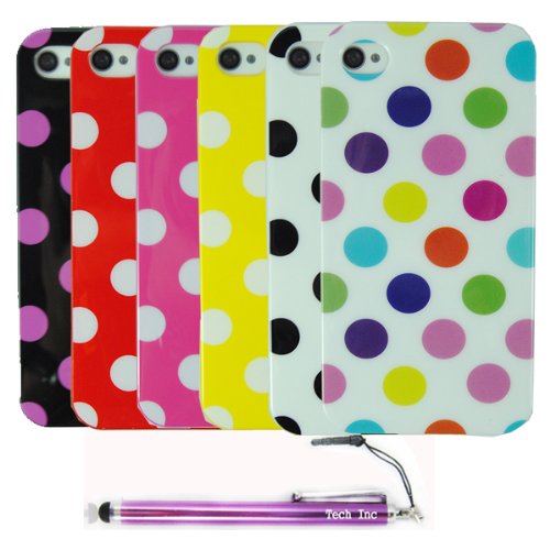 Techinc 6Pcs Cute Polka Dot Pattern Soft TPU Gel Bumper Case Cover for Apple iPhone 4 4g 4s (black+purple dot/white+multicolor/hot pink+white dot/white+black dot/yellow+white dot/red+white dot)