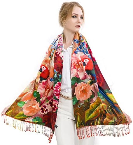 Mingxin womens real silk parrot peony pattern scarf winter fashion shawl wrap