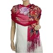 100% Chiffon Georgette Silk Hand Painted Blooming Peony Tassels Ends Long Scarf Shawl - Fuchsia