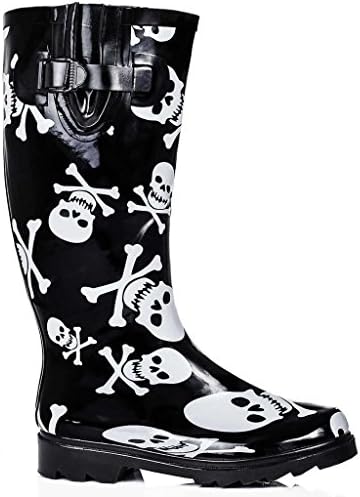 Womens Skull And Crossbone Calf Buckle Flat Wellington Knee High Boots "Pirate" Black US Sz 9