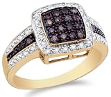 14K Yellow and White Two Tone Gold White and Chocolate Brown Diamond Halo Engagement OR Fashion Right Hand Ring Band - Square Princess Shape Center Setting w/ Channel Set Round Diamonds - (1/2 cttw)