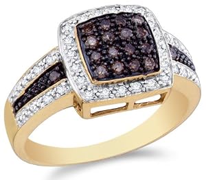 Size 7 - 14K Yellow and White Two Tone Gold White and Chocolate Brown Diamond Halo Engagement OR Fashion Right Hand Ring Band - Square Princess Shape Center Setting w/ Channel Set Round Diamonds - (1/2 cttw)
