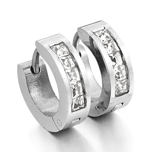 Men,Women's Stainless Steel Stud Hoop huggie Earrings CZ Silver Charm Elegant (with Gift Bag)