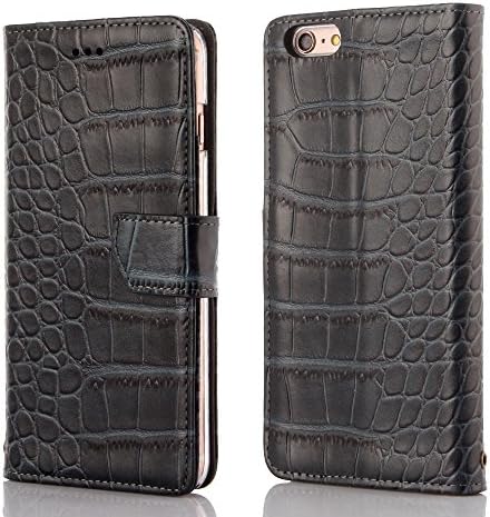 iPhone 6 Plus Case, 6s Plus Leather Wallet Case by iLovely Top Layer Leather Extra Strong Magnet and Kickstand Function 100% Handmade Flip Leather Case for Apple Genuine Cowhide Leather (Black)