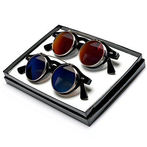 Sunglass Spot-Small Retro Victorian Steampunk Circle Flip Up Revo Mirrored Lens Glasses/Sunglasses 2 Pack Gift Set (Red&Blue)