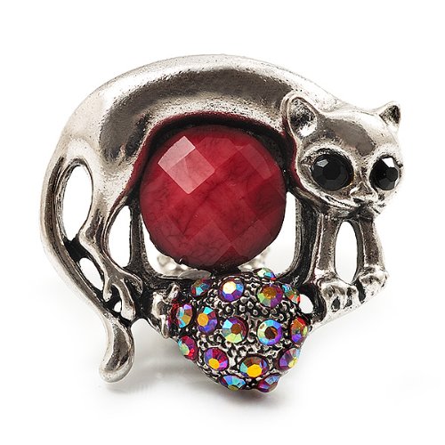  Bague Extensible Chat  &  Souris Diamanté Rouge Argent Cuivré