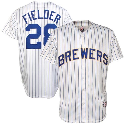 MLB Men's Milwaukee Brewers Prince Fielder White/Ryl Pinstrp Short Sleeve 6 Button Synthetic Replica Baseball Jersey Spring 2011  (White/Ryl Pinstrp, X-Large)