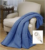Sunbeam Denim Quilted Microfiber Camelot Cuddler Electric Heated Warming Throw Blanket