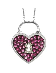 18" Sterling Silver Created Ruby and Diamond Accent Heart Lock Key Pendant 18"