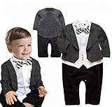 ツバメ--屋 ベビー服 スーツ風 ロンパース 赤ちゃん カバーオール 新生児 長袖 春秋着 子供服 キッズ フォーマル 男の子出産祝い 結婚式 写真撮影 (80, グレー)