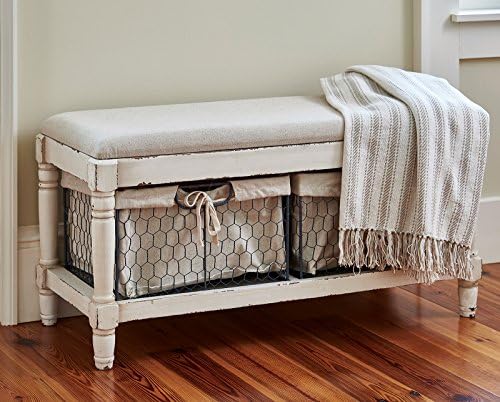 Shabby Chic Style Distressed Cream Bench with Two Baskets, Padded Seat, 37.75" Wide