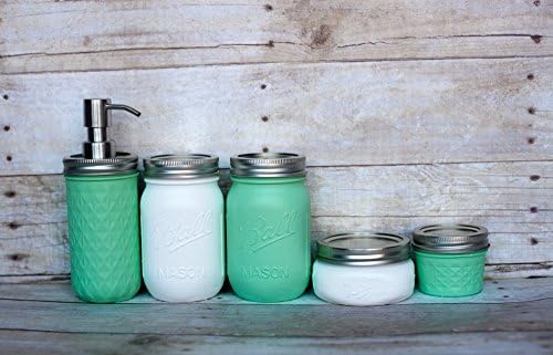 5 Piece Handmade Mint and Cream Painted Distressed Mason Jars Bathroom Set with Metal Soap Pump- Vanity Set- Bathroom Organizer-