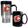 Calgary Flames NHL Stainless Steel Travel Mug & Black Ceramic Mug Set - Primary Logo by Great American Products