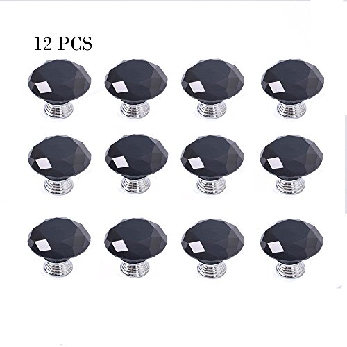 Crystal Knobs Yazer 12pcs 30mm Beautiful Decorative Furniture New Pulls and Handles for Drawer,Cabinet,Wardrobe,Cupboard,Bin,Door,Kitchen (Black)