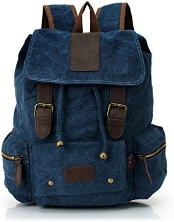 Beyond IVY Latest Generic Vintage Men Casual Canvas Leather Backpack Rucksack Bookbag Satchel Hiking Bag (Dark Blue)