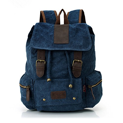 Beyond IVY Latest Generic Vintage Men Casual Canvas Leather Backpack Rucksack Bookbag Satchel Hiking Bag (Dark Blue)