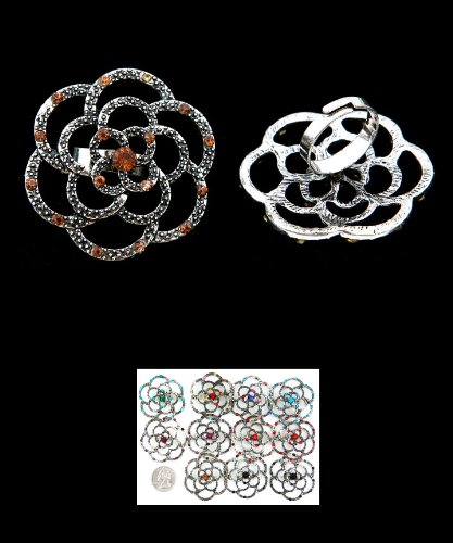 Improving Lifestyles Open Flower Ring with Crystals Amber