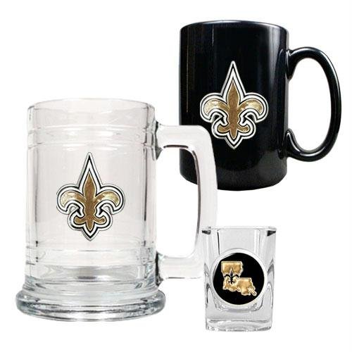 NFL New Orleans Saints 15-Ounce Tankard, 15-Ounce Ceramic Mug & 2-Ounce Shot Glass Set - Primary Logo