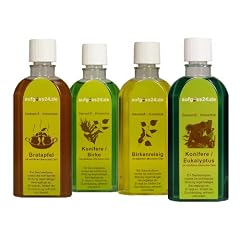 Hochwertiges Sauna Aufguss Set I, 4 x 100 ml, Konzentrat / Bratapfel, Konifere-Birke, Birkenreisig, Konifere-Eukalyptus