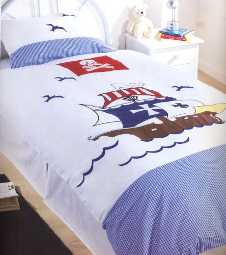 Pirates Ship Red White Blue Boys Single Duvet Cover Set