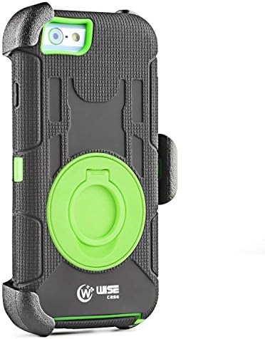 WISECASE Defender Military Shockproof Protective Case and Holster Extremely Protective Dual layer Case with 360 Degrees Swivel Ring Kickstand and Rugged Face- in and out Holster for Apple iPhone 6 4.7Inch (Black Green)