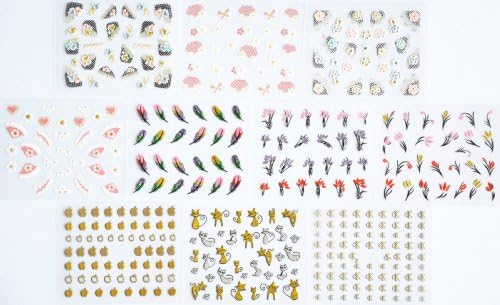 10pcs/package nail stickers decals multi mix designs including white flowers with pink laces/colorful flowers with black laces/colorful feather/colorful flowers/gold apple/gold english letter/glitter gold and silver cats/etc.