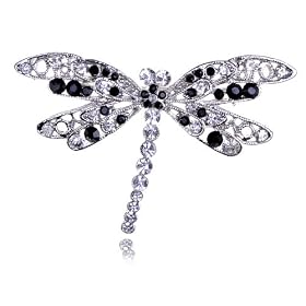 Mod Black White Crystal Rhinestone Filigree Fly Wing Dragonfly Insect Pin Brooch: Jewelry