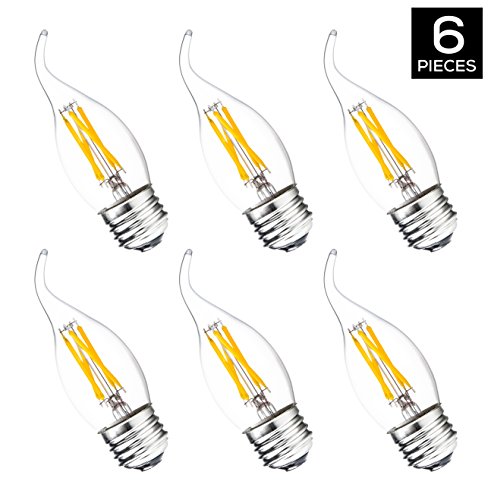 Hyperikon LED Filament Candle 4-Watt (40-Watt Equivalent), Flame Tip, Medium Base (E26), 2700K (Warm White), 340°-Beam Angle, Dimmable - (Pack of 6)