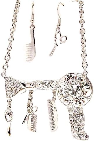Big Blow Dryer Necklace Earring Set Z9 Scissor Comb Hair Stylist Rhinestone Fashion Jewelry
